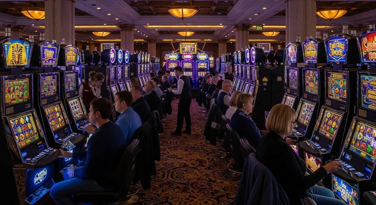 Instant Casino Giocatori alle slot machine in un grande casinò luminoso